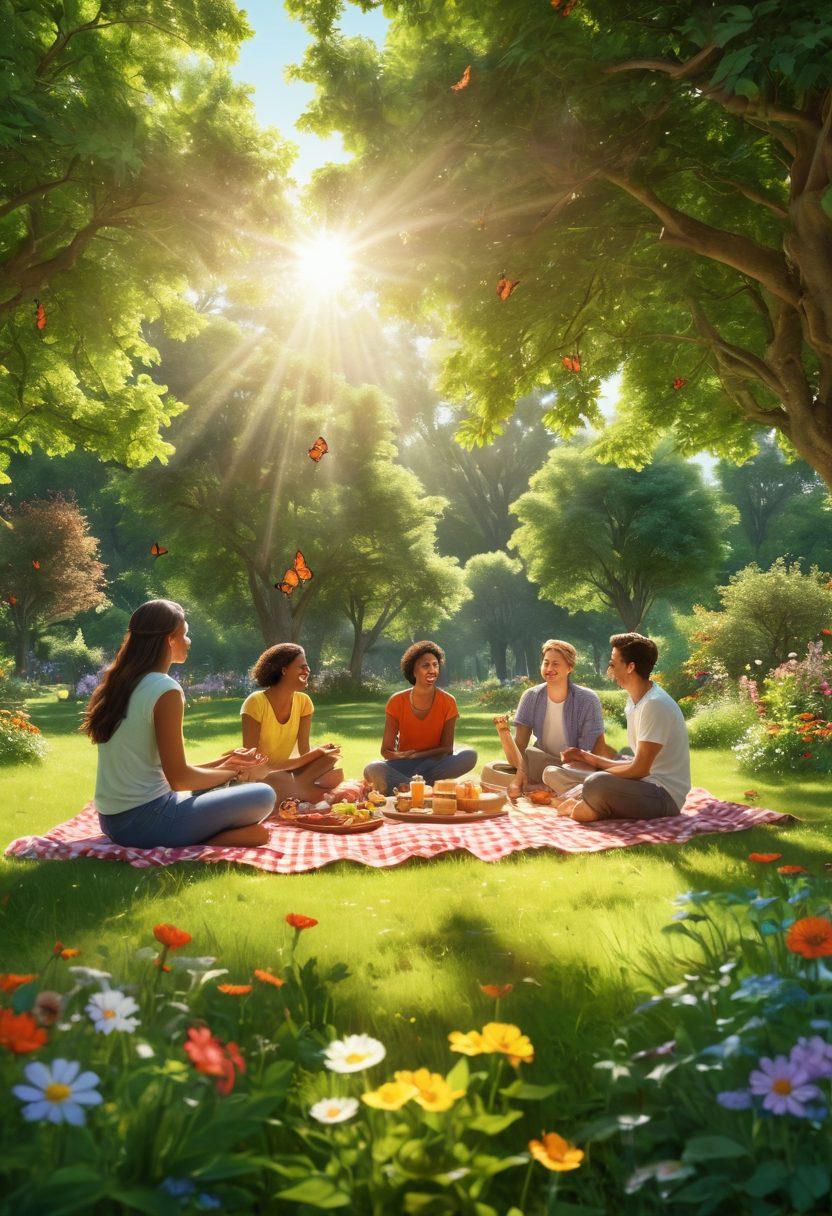 A serene landscape with a bright sun shining down on a small group of diverse people laughing and enjoying life in a lush green park. Include vibrant flowers, butterflies, and a picnic spread to symbolize joy and lightheartedness. The scene should evoke a sense of bliss and togetherness. super-realistic. vibrant colors. lush environment.
