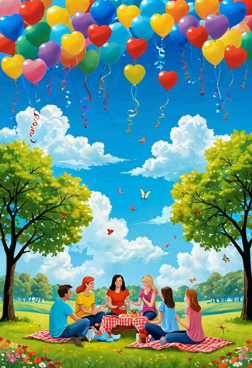 A whimsical scene depicting a diverse group of people sharing joyful moments, from laughter in a sunny park to the warmth of love during a cozy picnic. Include vibrant colors, floating hearts, and playful elements like butterflies and balloons to symbolize delight. The background should feature a bright blue sky with fluffy clouds to enhance the uplifting mood. Illustrative style with a touch of surrealism. vibrant colors. cartoonish.